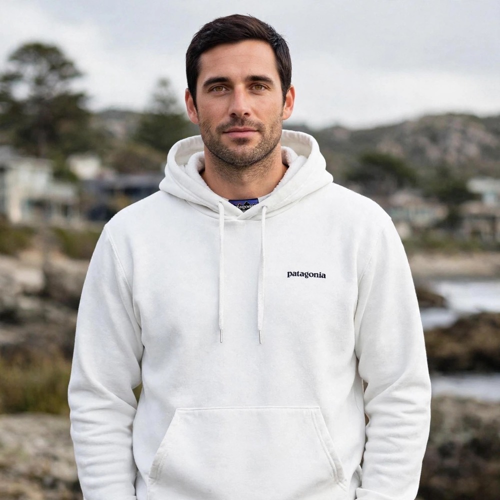 Patagonia P-6 Logo Responsibili-Tee Hoodie White Pullover Sweatshirt Mens Large - Picture 1 of 9